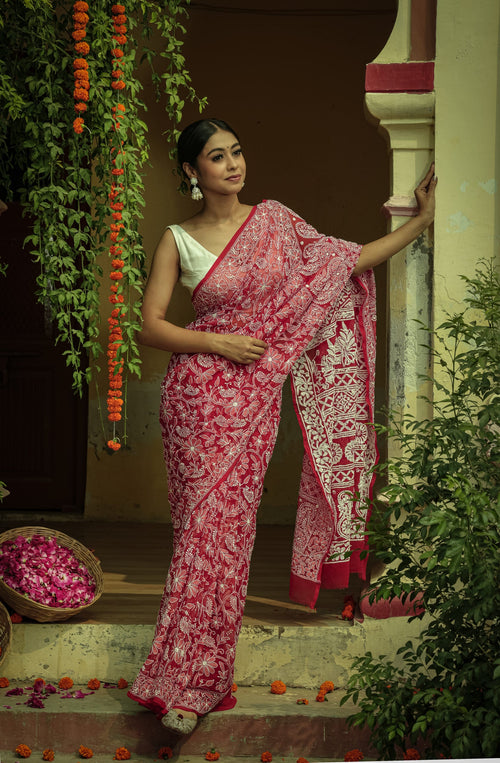 Urviya Chikankari Viscose Georgette Saree - Full Jaal Work Red
