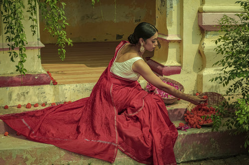 Urviya Chikankari Chanderi Tone on Tone with Border Palla Red