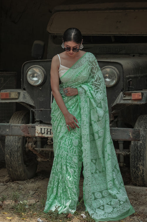Urviya Chikankari Viscose Georgette Saree - Full Jaal Work Green