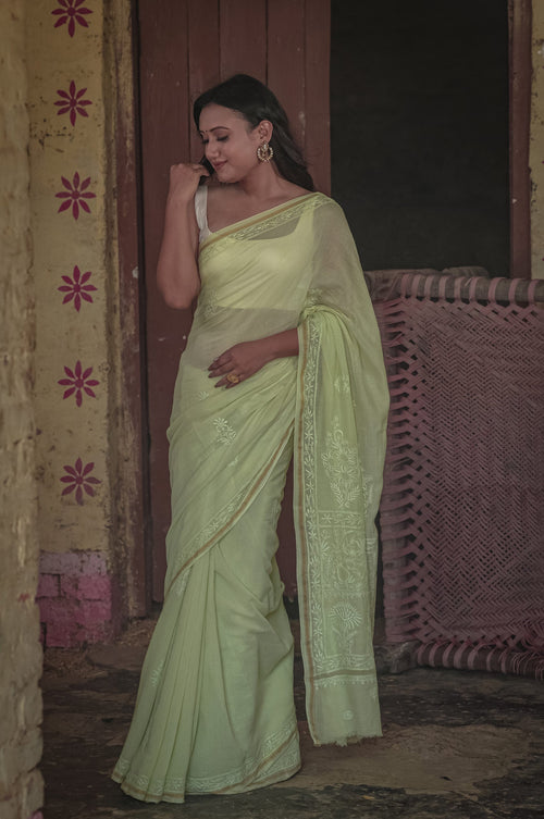 Urviya Chikankari Maheshwari Cotton Saree - Tone on Tone Green