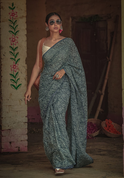 Urviya Chikankari Kota Doria Saree - Tepchi Work Black