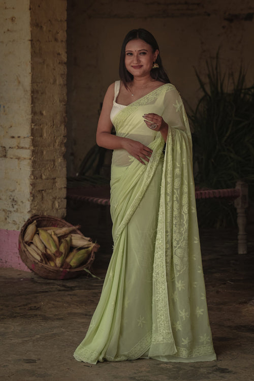 Urviya Chikankari Georgette Tone on Tone Saree with Border Palla Green