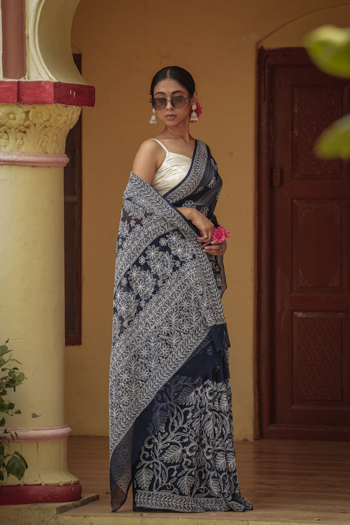 Urviya Chikankari Viscose Georgette Saree with Skirt Border Dark Blue