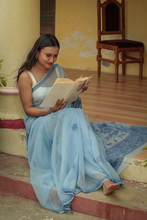 Urviya Chikankari Viscose Georgette Tone on Tone Saree Light Blue