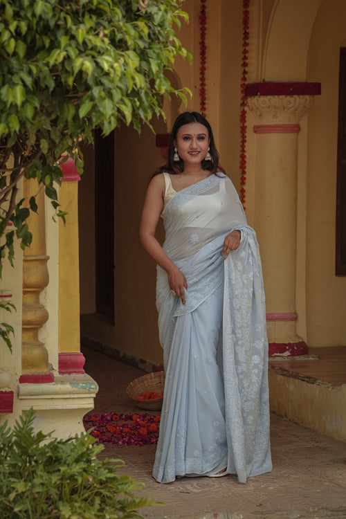 Urviya Chikankari Georgette Tone on Tone Saree With Cutdana and Pearl Work Blue