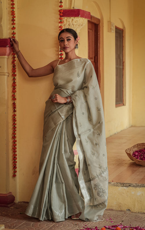 Urviya Chikankari Chanderi Banarasi Tone on Tone Saree Dark Green
