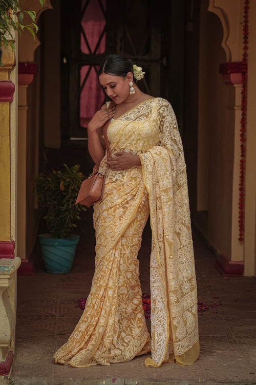Urviya Chikankari Viscose Georgette Saree - Full Jaal Work Yellow