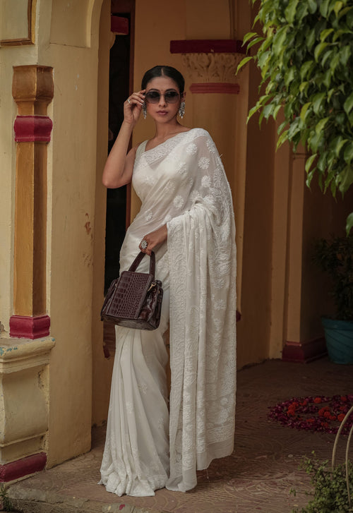 Urviya Chikankari Georgette Tone on Tone Saree With Cutdana and Pearl Work White