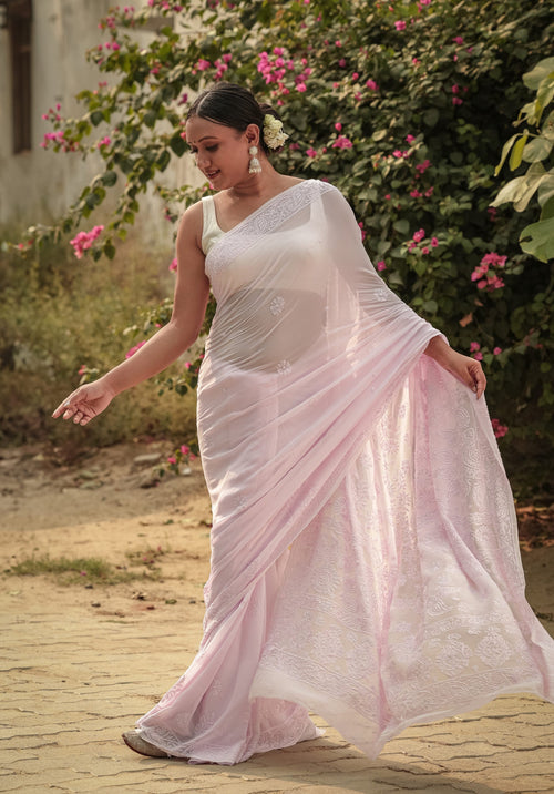 Urviya Chikankari Georgette Tone on Tone Saree With Cutdana and Pearl Work Pink