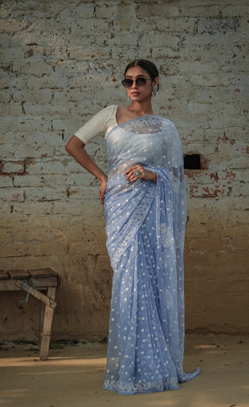 Urviya Chikankari Viscose Georgette Saree with Keel Jaal Work Blue