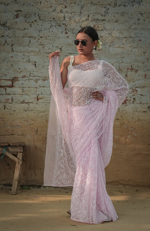 Urviya Chikankari Viscose Georgette Saree with Tepchi Work Pink