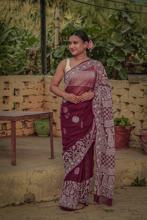 Urviya Chikankari Viscose Georgette Saree with Skirt Border Purple