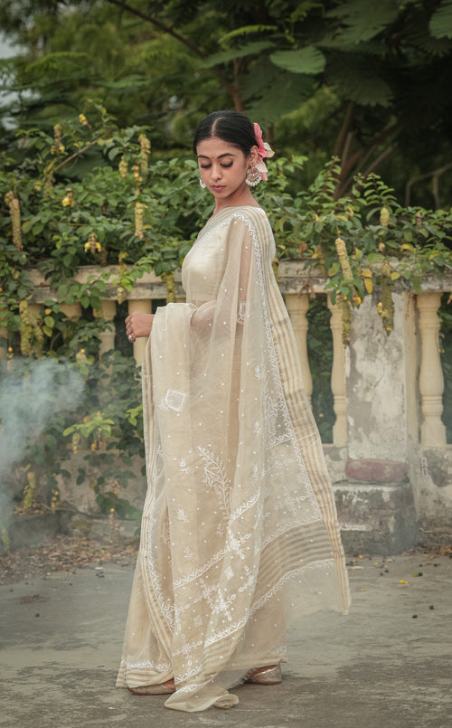 Urviya Chikankari Pure Tissue Saree - Pearl And Cutdana Work