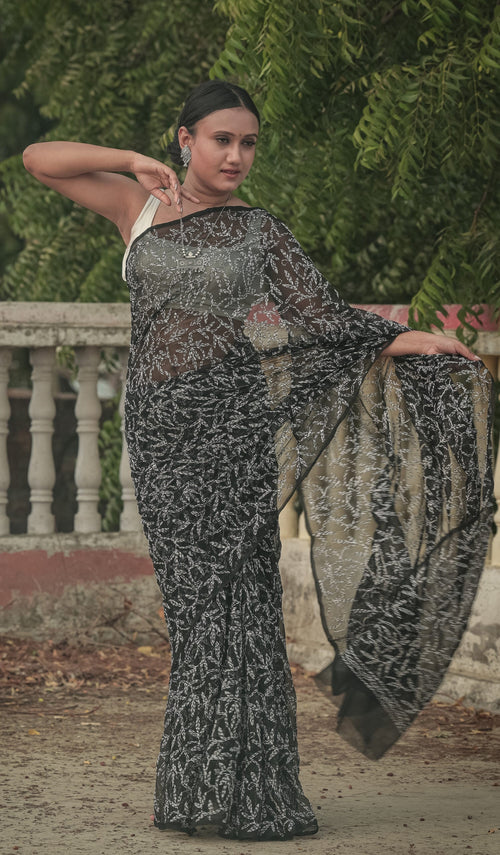 Urviya Chikankari Viscose Georgette Saree with Tepchi Work Black