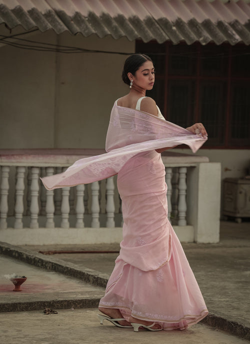 Urviya Chikankari Maheshwari Cotton Saree - Tone on Tone Pink