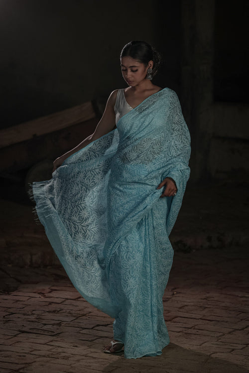 Urviya Chikankari Kota Doria Saree - Tepchi Work Blue