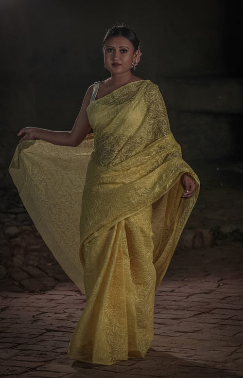 Urviya Chikankari Kota Doria Saree - Tepchi Work Yellow