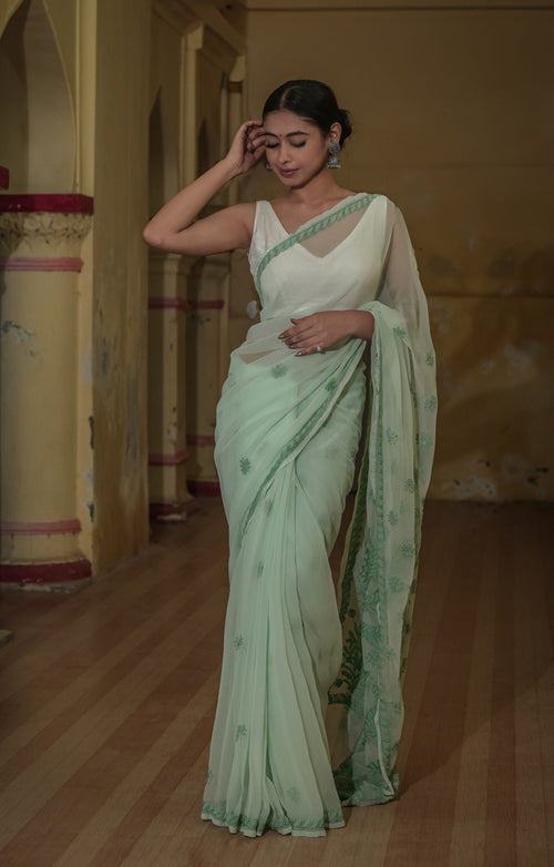 Urviya Chikankari Viscose Georgette Tone on Tone Saree Green