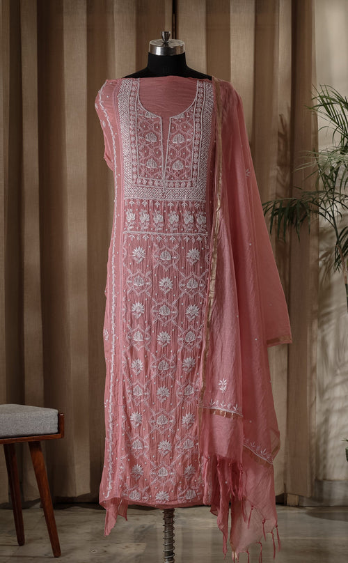 Urviya Unstiched Chikankari Mul Chanderi Suit Piece With Cutdana and Pearl Work