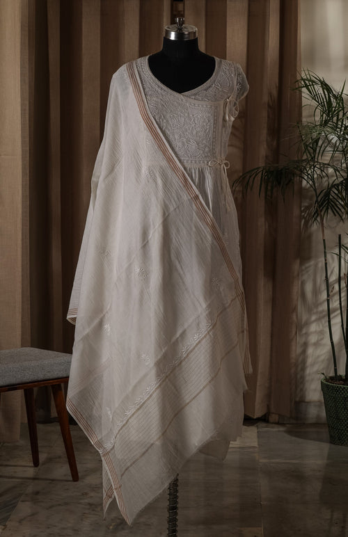 Urviya Semi Stiched Chikankari Mul Chanderi Angrakha Suit Piece