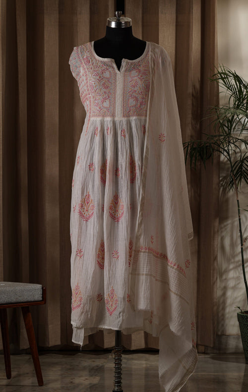 Urviya Semi Stiched Chikankari Suit Mul Chanderi - Gown