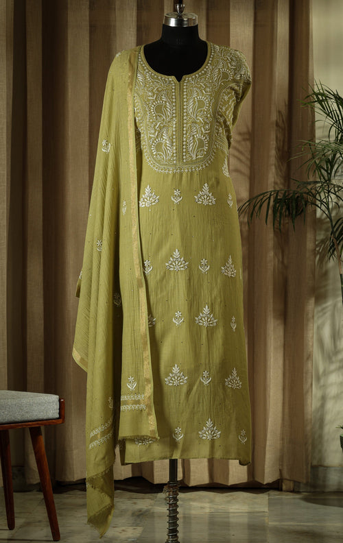 Urviya Semi Stiched Chikankari Maheshwari Cotton Suit - Mukaish Work