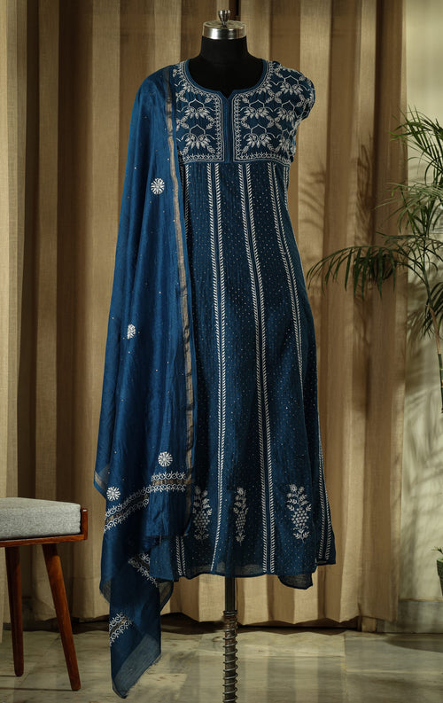 Urviya Semi Stiched Chikankari Mul Chanderi Anarkali with Mukaish Work