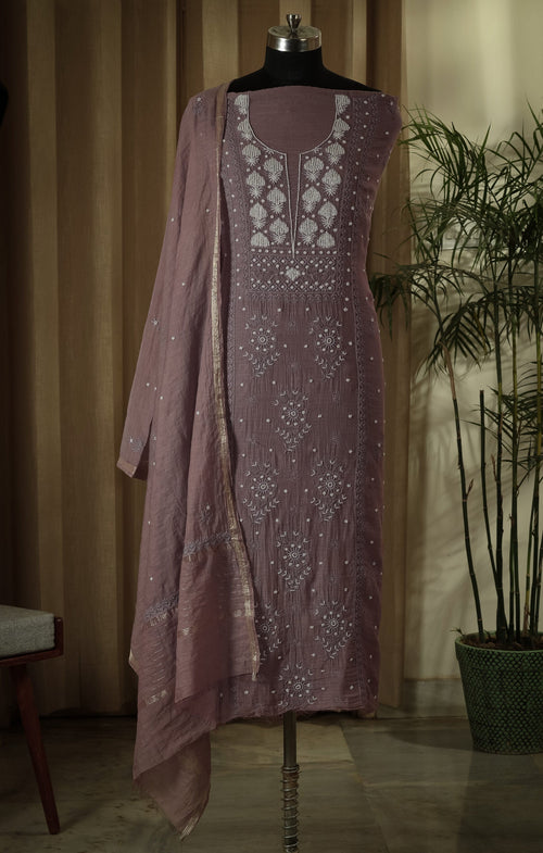 Urviya Unstiched Chikankari Suit Mul Chanderi - Cutdana and Pearl Work