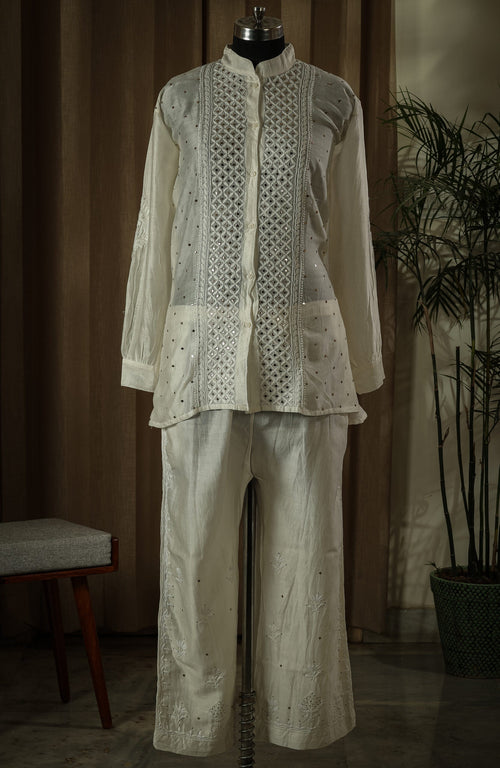 Urviya Semi Stiched Chikankari Chanderi Co-ord Set with Mukaish and Pitta Work