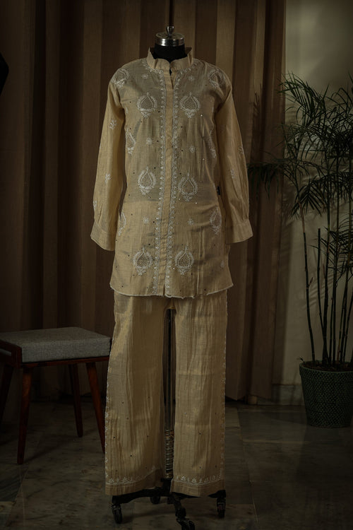 Urviya Semi Stiched Chikankari Pure Tissue Co-ord Set with Mukaish Work - Pattern 2