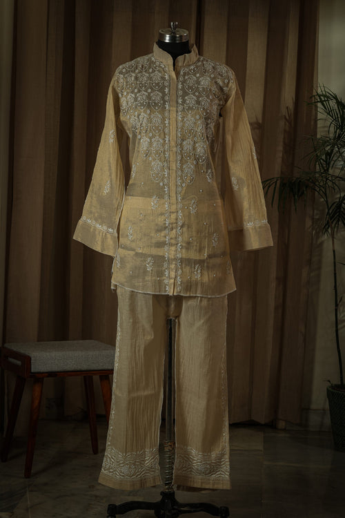 Urviya Semi Stiched Chikankari Pure Tissue Co-ord Set with Mukaish Work - Pattern 1
