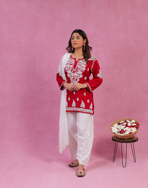 Urviya Chikankari Rayon Short Kurti Red