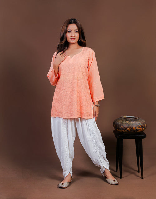 Urviya Chikankari Muslin Short Kurti - Silk Thread Full Jaal Work Peach