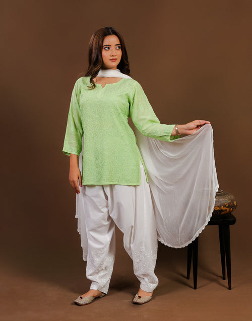 Urviya Chikankari Muslin Short Kurti - Silk Thread Full Jaal Work Green
