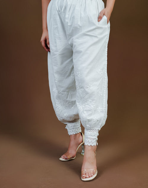 Urviya Chikankari Cotton Bottoms - White Afghani