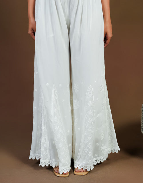 Urviya Chikankari Viscose Georgette Bottoms with Crochet - Sharara White