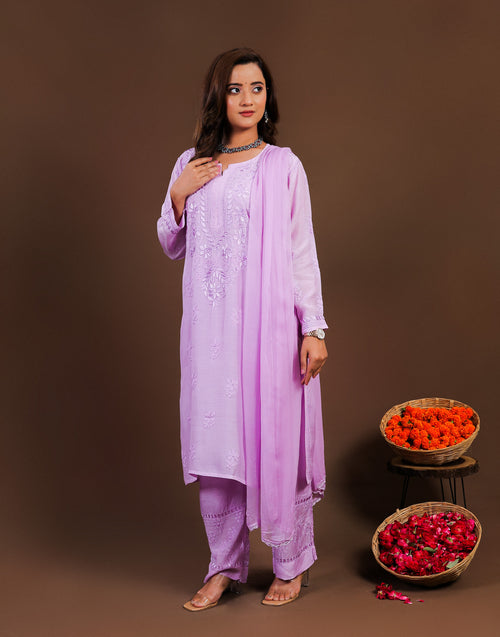 Urviya Chikankari Muslin 3 piece set - Bakhiya Ghaaspatti Work and Gala Boota Purple