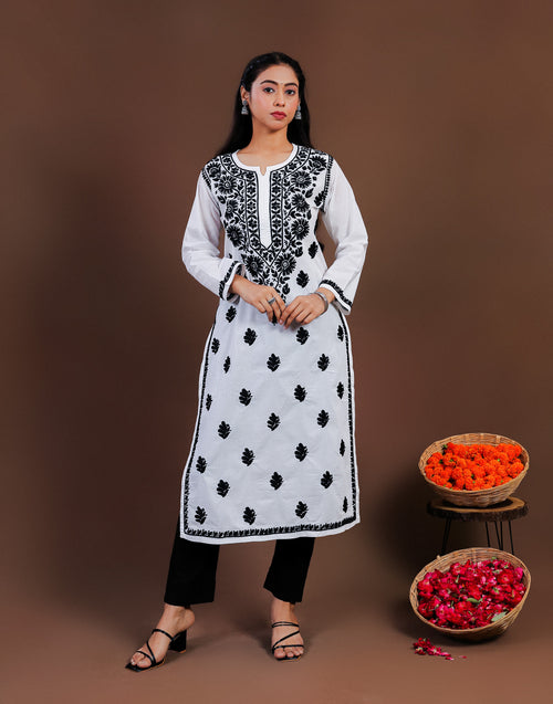 Urviya Chikankari Long Kurti Cambric Cotton - Black Thread on White