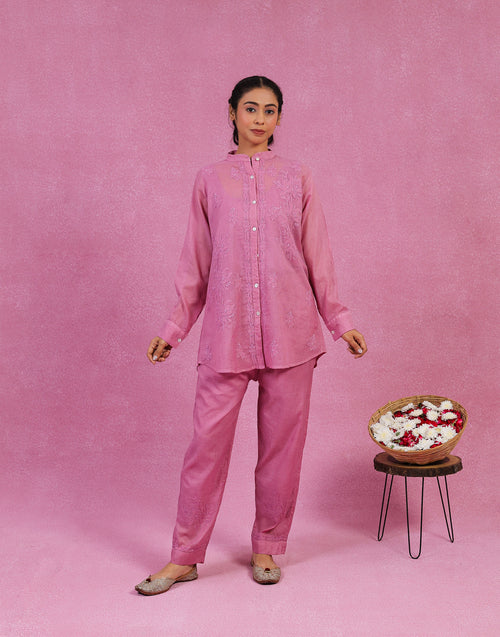 Urviya Chikankari Co-ord Set Maheshwari Cotton Dark Pink