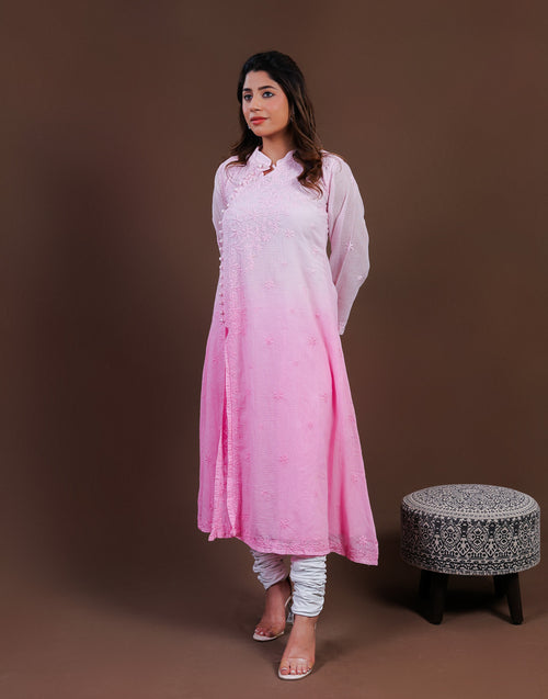 Urviya Chikankari Kota Doria Long Kurti - Side Button Pink Ombre