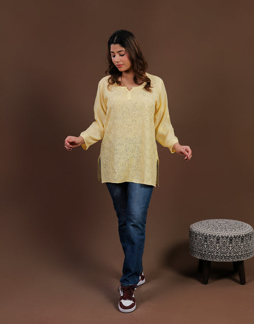 Urviya Chikankari Muslin Short Kurti - Silk Thread Full Jaal Work Yellow
