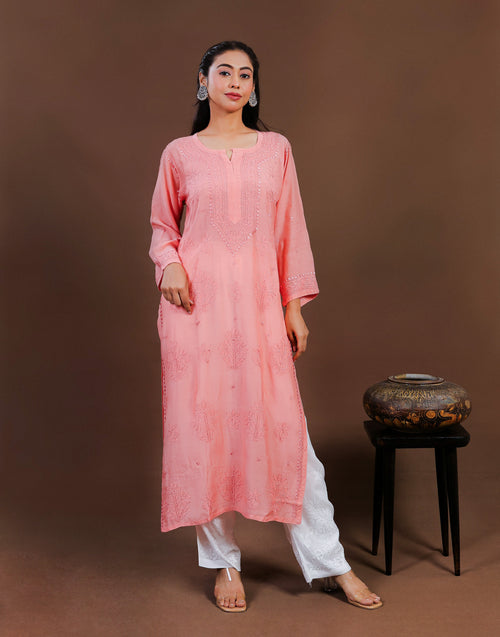Urviya Chikankari Muslin Long Kurti - Ghaspatti Gala Bakhiya Boota Peach