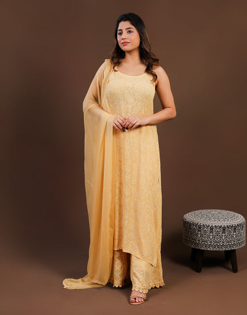 Urviya Chikankari Georgette 3 piece set - Long Spaghetti Yellow