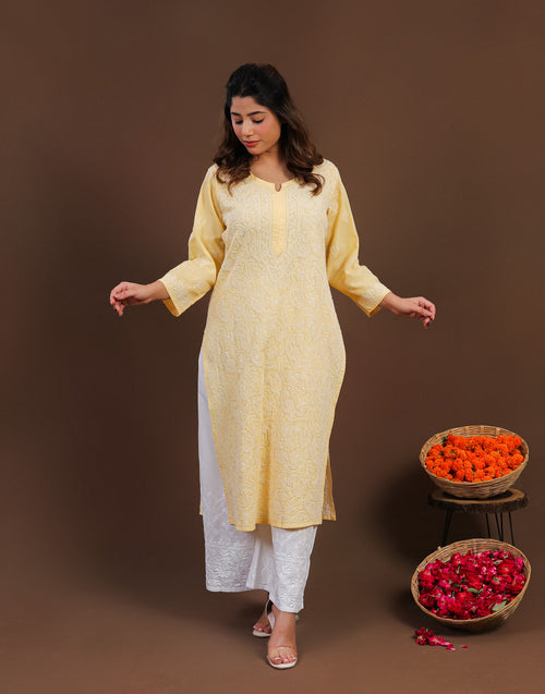 Urviya Chikankari Mul Cotton Long Kurti - Full Jaal Yellow