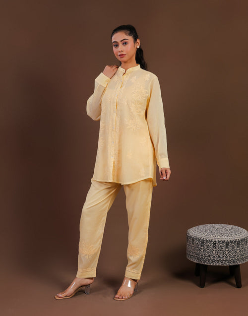 Urviya Chikankari Co-ord Set Maheshwari Cotton Yellow