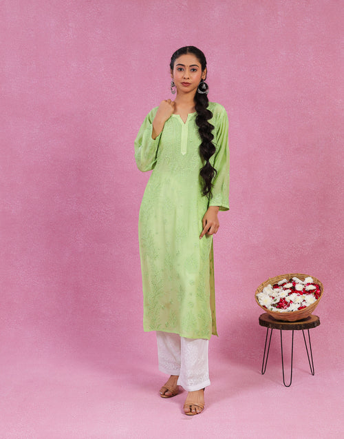 Urviya Chikankari Muslin Long Kurti - Bakhiya Gala Boota Light Green