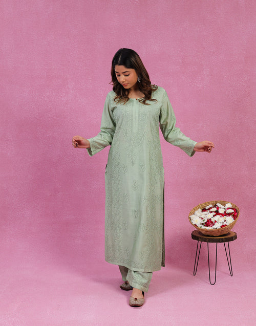 Urviya Chikankari Chanderi 2 piece Set Green