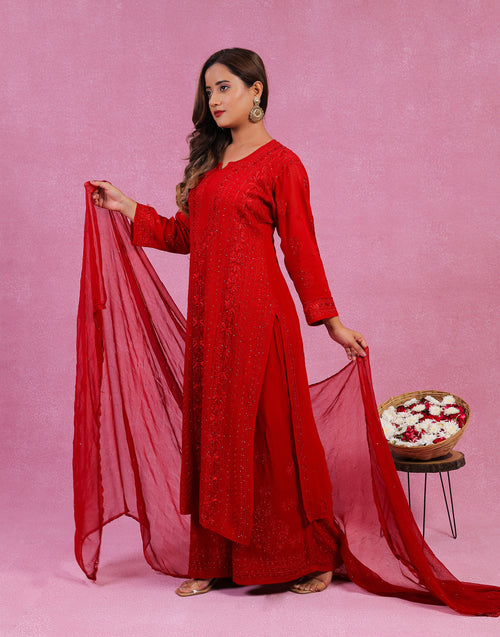 Urviya Chikankari Georgette 3 Piece set with Mukaish Work Red