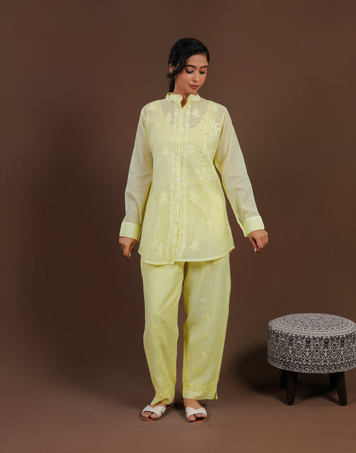 Urviya Chikankari Co-ord Set Maheshwari Cotton Lemon Yellow
