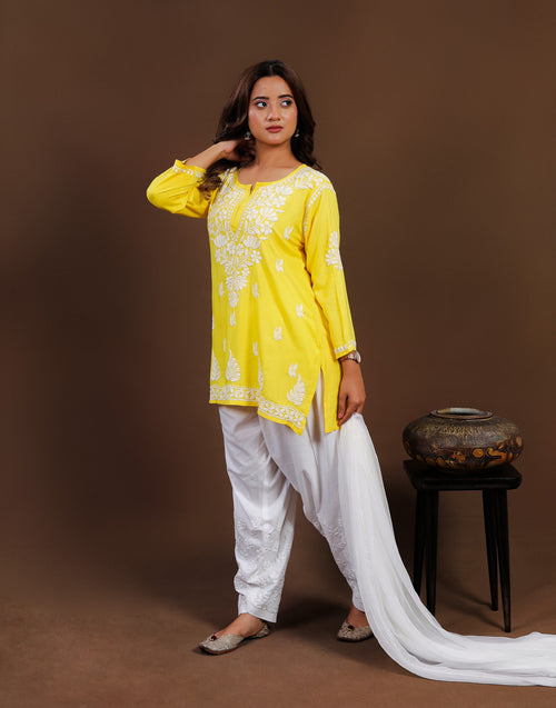 Urviya Chikankari Rayon Short Kurti Yellow